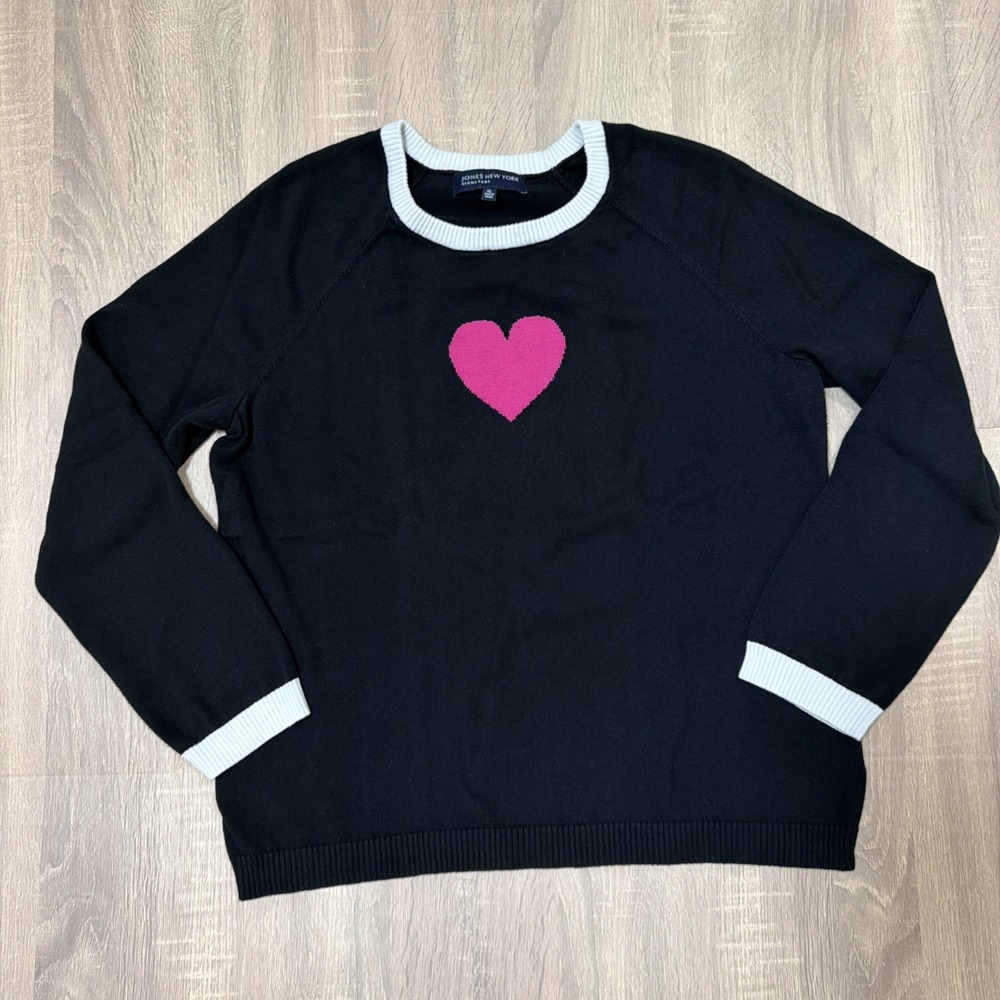 Jones New York Women's Black Sweater Pink Heart Long-Sleeve Crewneck Size XL - Picture 2 of 8